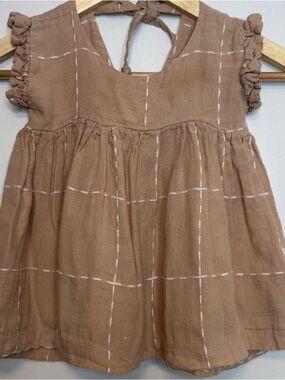 The Crafted Co Baby Dress 18M Neutral Linen Ruffle Sleeve Tie Back Dress